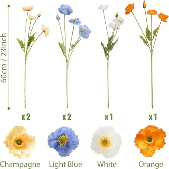 Artificial Poppy Silk Flowers Faux Poppy Flower Stems for Wedding Party Table Centerpiece Arrangement 6pcs blueorangewhite {1}