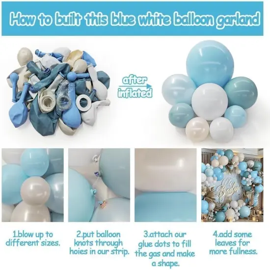 Pastel Blue White Balloon Arch Kit Double Stuffed Dusty Light Blue White Cream Balloon Garland for Baby Shower Birthday Wedding Boho Winter Party Decoration {4}