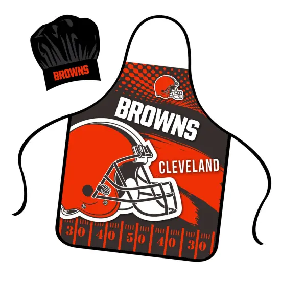 Mojo Licensing Cleveland Browns Apron Chef Hat Set Full Color Universal Size Tie Back Grilling Tailgate BBQ Cooking Host {1}