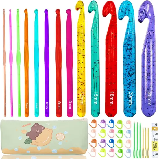 13 Size Crochet Hooks Set,Plastic Crystal Crochet Hook with Case,Large Crochet Hooks for Chunky Yarn Ergonomic Knitting Needles Crochet Needle {1}