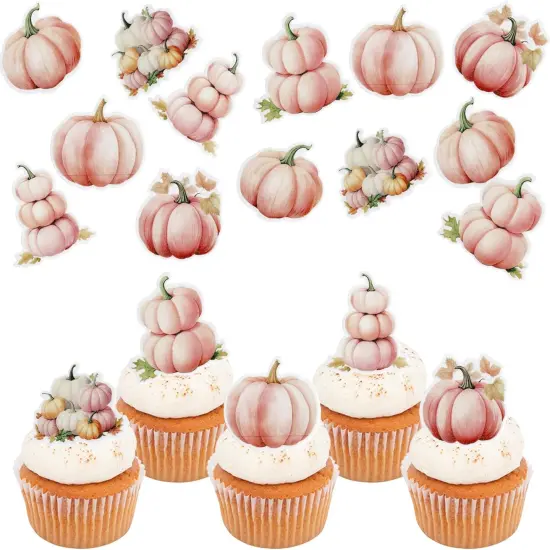 48 PCS Edible Pumpkin Cupcake Toppers Wafer Paper Pink Pumpkin Fall Theme {1}