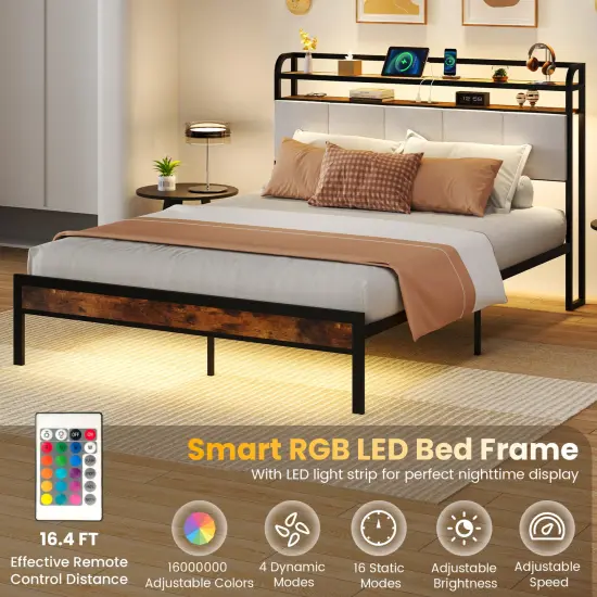 Queen Size Bed Frame with LED Light and Charging Station {3}