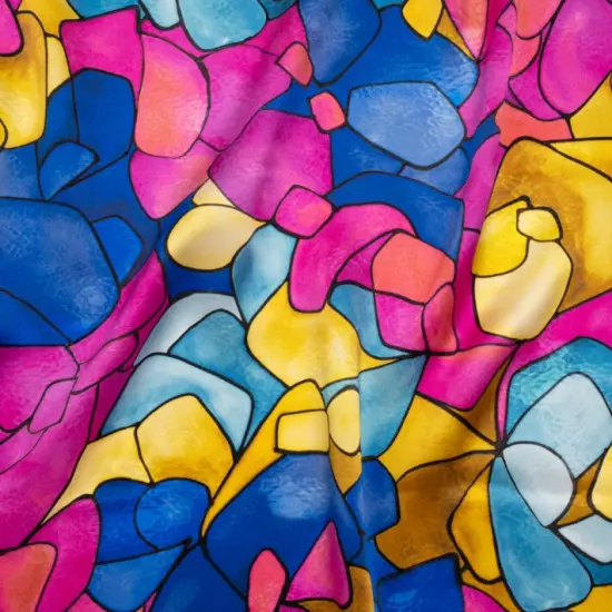 1 Yard Luxury Silk Charmeuse Fabric Bright Pink, Golden Yellow and Blue Stained Glass Roses 53 inch Width {1}