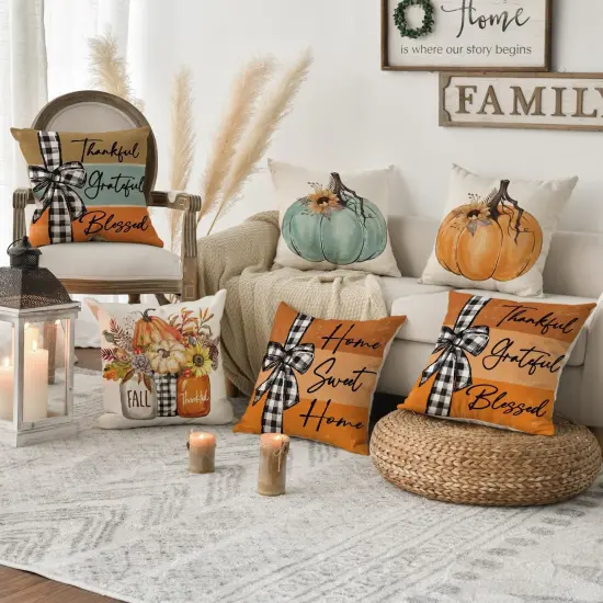 Set of 4 Fall Pumpkin Home Sweet Home Throw Pillow Covers 18 x 18 Inch {2}