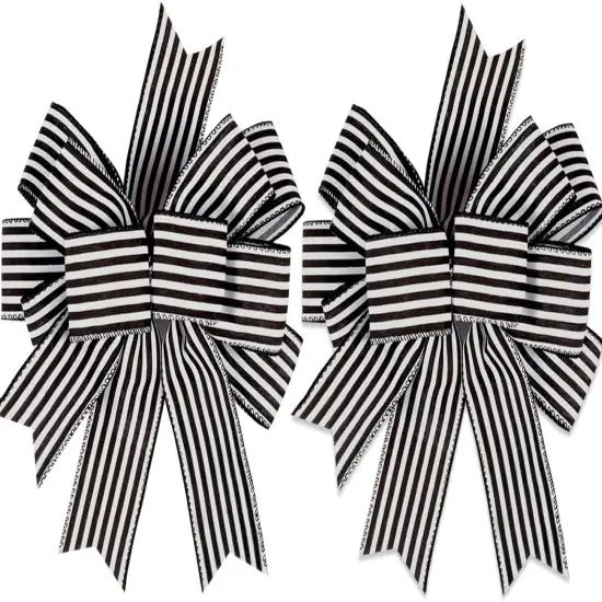 2 Pack Black White Stripe Halloween Fall Bows for Wreaths,12&rdquo;x9.4&rdquo;Black and White Christmas Decorations Bow for Gift Wrapping Tree Topper Wedding Holiday Birthday Party Wall Home Front Door {1}