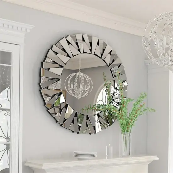 Round Wall Mirror for Living Room Large Elegant Silver Glass Mirror Home Decor {4}