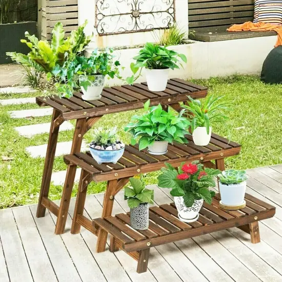 Large Wood Tier Shelf Flower Plant Display Stand Rack Freestanding Movable Bench {4}