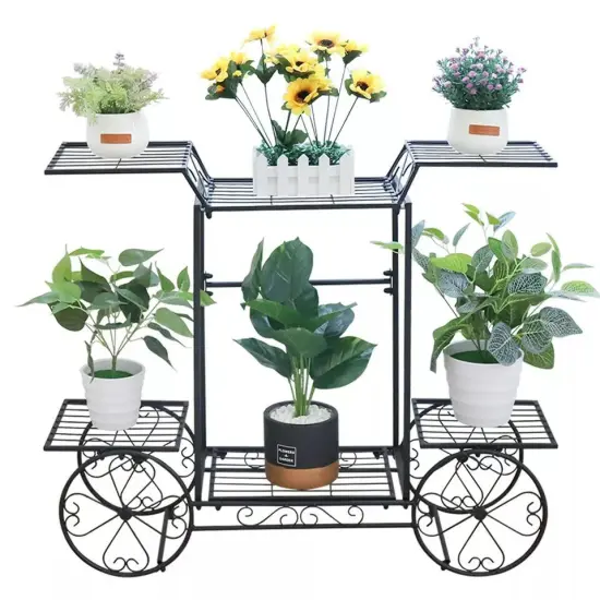 Garden Cart Metal Plant Stand Flower Display Rack Shelf with 4 Decorative Wheels {3}