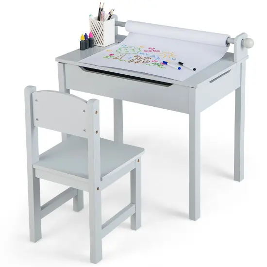 Costway Toddler Craft Table & Chair Set Kids Art Crafts Table withPaper Roll Holder Grey/White {7}