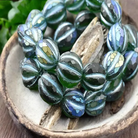 *12* 10mm Turquoise Washed Matte Emerald AB Faceted Round Melon Beads {3}