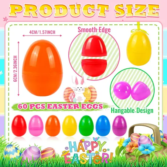 60 Pcs Colorful Plastic Easter Eggs Bulk, 2.3 ", Fillable Empty Easter Eggs for Fillling Candy, Treats, Easter Hunt Basket Suffers Fillers, Easter Theme Party Favors {2}