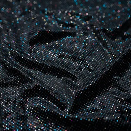 Vivian Glitter Printed Stretch Velvet Fabric Black/Blue M {1}