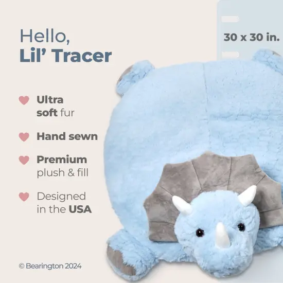 Bearington Baby Lil' Tracer Tummy Time Mat, 30 x 30 Inch Dinosaur Plush Stuffed Animal Blanket, Baby Play Mat Blue {2}
