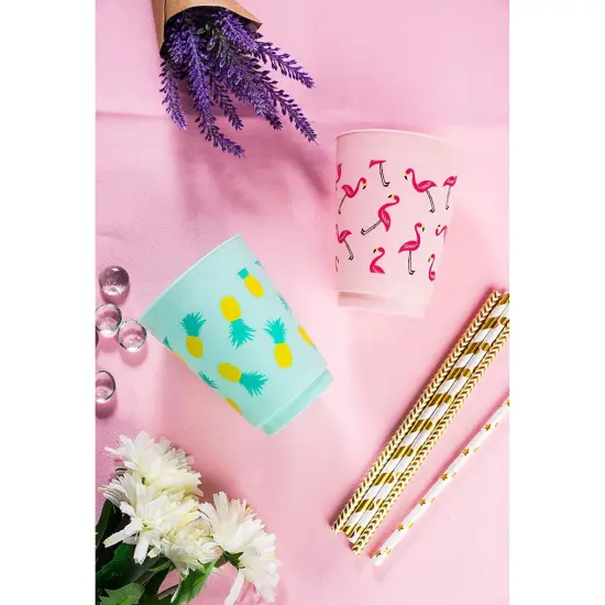 Plastic Party Cups - 24-Pack Reusable Tumblers, 16-Ounce Plastic Cups, Tropical Themed Party Supplies for Bridal Showers, Birthdays, Flamingo and Pineapple Designs, 3.5 x 4.4 x 3.5 inches Multicolor {2}