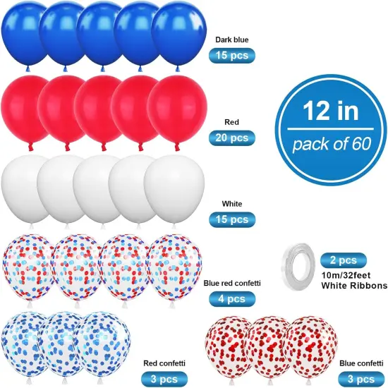 Red White Blue Balloons, 60PCS Red Blue Confetti Balloons, 12Inch Red White and Blue Latex Balloon for Helium Birthday Party Balloons for Jubilee Decorations Anniversaries and Celebrations Decorations {2}
