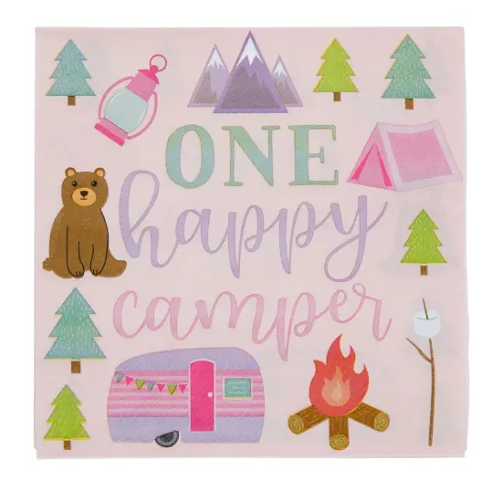 100 Pack One Happy Camper Birthday Napkins for Camping Themed Party Supplies and Decor (2-ply, 6.5 In) Pink {3}