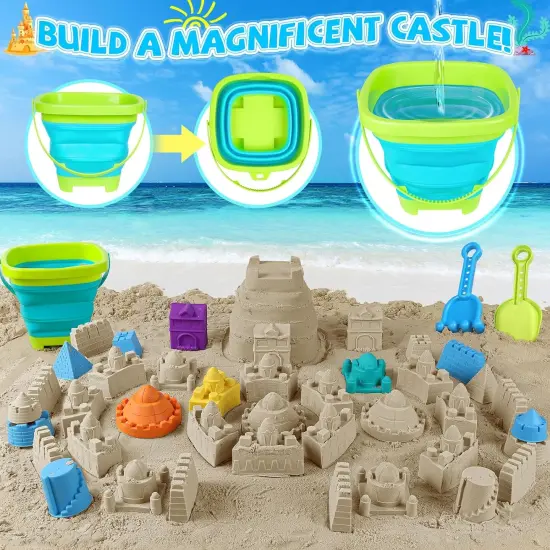 Summer Beach Toys, 45Pcs Farm Playset, Collapsible Sand Toys with Sand Buckets and Tractor Toy Set, Sand Castle Building Kit, Farm Toys, Animal Toys, Mesh Bag, Travel Beach Toys for Kids Ages 4-8 {3}