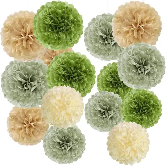 Olive Sage Green Tissue Paper Pom Poms Ceiling Decors Safari Jungle Party Decorations Paper Flowers Decorations Natural Green Boho Hanging D&eacute;cor for Birthday Baby Shower Bridal Wedding Party Supplies {1}