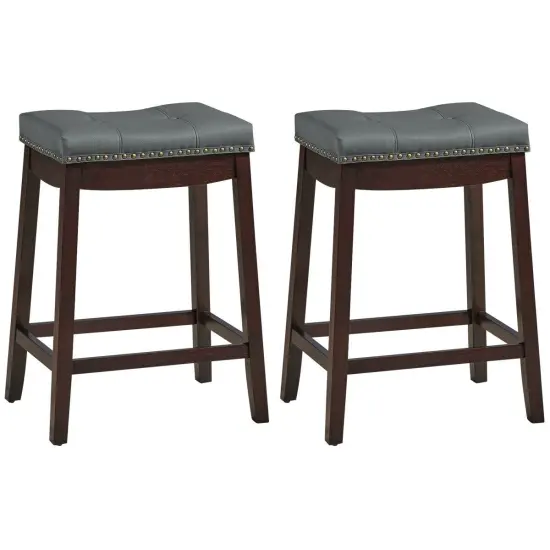 Set of 2 Backless Bar Stools with Nail head Padded Saddle Seat and Rubber Wood Legs Grey {8}