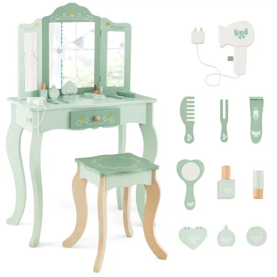 MDF Kids Vanity Set with Mirror, Drawer, Stool, Accessories and Convertible Design Green {8}