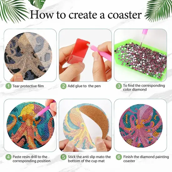 Diamond Art Coasters Set of 6, Small Diamond Painting Kits for Adults Beginners, Cork Coaster for Drinks Gem Art Coasters with Holder Home Decor for Octopus {3}