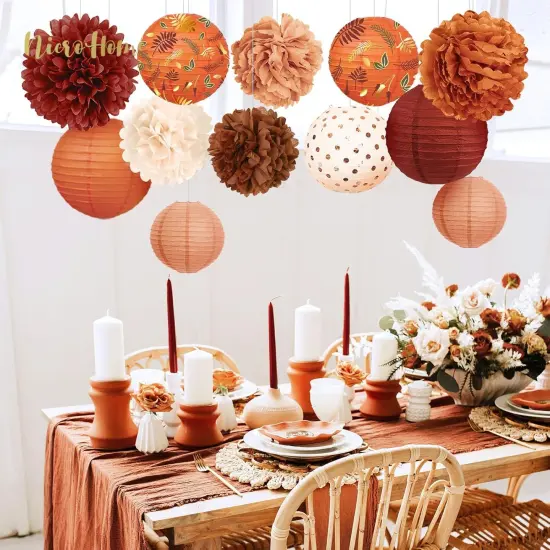 Wedding Decorations, 12 PCS Carmine Rust Orange Light Brown Tissue Paper Pom Poms and Lanterns for Rustic Classical Wedding, Baby Bridal Shower, Retro Party, New Year Party {5}