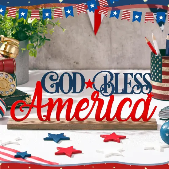 Patriotic God Bless America Metal Sign Rustic Table Decor Holiday Tiered Tray Decor {2}