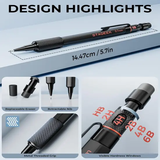 0.7mm Mechanical Pencil Set, 3PCS Metal Mechanical Pencils 0.7mm with 6 Tubes HB & 2B Lead Refills,Erasers, Weatherproof Artist Pencils with Case for Outdoor Writing Drafting Drawing {5}