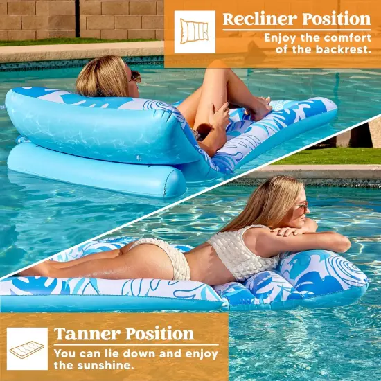 Adjustable Backrest Pool Floats - Tropical Leaves Pool Lounger Floaties Adults with Cup Holders, Inflatable Tanning Float Rafts Chair Beach Lake Lounge {3}