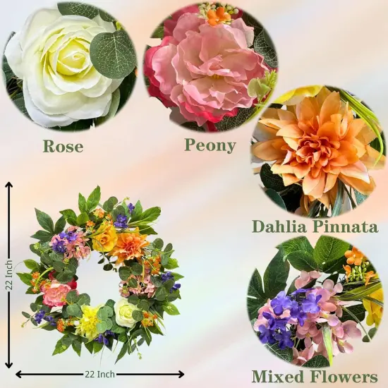22 Inch Lighted Summer Floral Wreath for Front Door,Dahlia Pinnata, Roses, Eucalyptus Leaves, Peony, Mixed Flowers,Artificial Wreath for Front Door Summer Outdoor Home Decor {3}