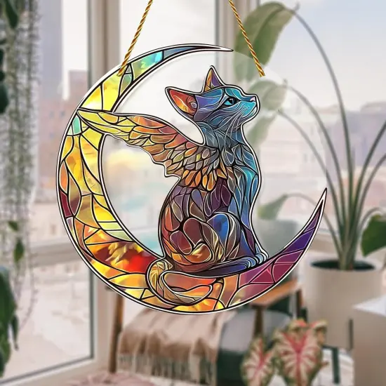 Summer Charming Cat Angel Acrylic Stained Glass Window Hanging Sun Catcher Decor Stained Panel Hangings Wall Art Decor, for Friends and Family (Cat Angel) {3}