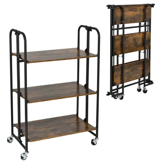 Rustic Brown Wooden Foldable Rolling Cart with Metal Frame and Storage Shelves Suitable to Any Room {1}