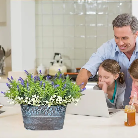 Summer Potted Plants, Artificial Flowers Lavender Arrangement in Rustic Rectangular Metal Planter, Pre-Potted Fake Lavender Table Centerpiece for Gifts Farmhouse {3}