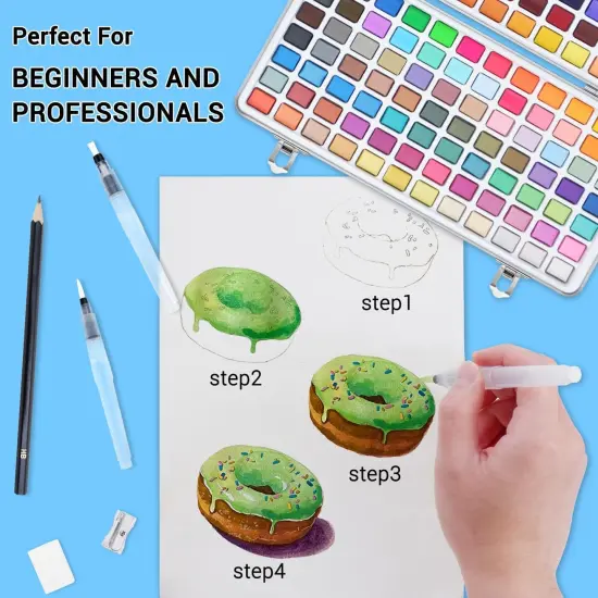 Watercolor Paint Set, 168 Vivid Colors with Regular, Macaron, Metallic & Fluorescent Colors, Travel Watercolor set including Palette, Water Brush Pens, Art Supplies Kit Great for Artists, Beginners {5}