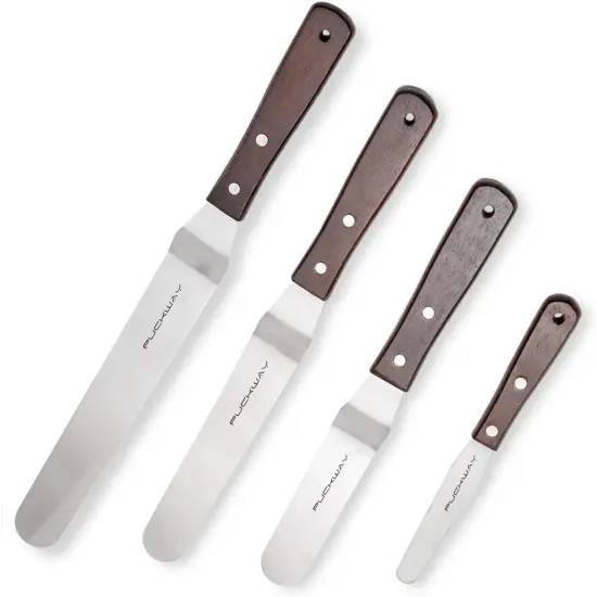 Offset Cake Icing Spatula Set of 4- Professional Stainless Steel Cake Decorating Frosting Spatulas, 4"-6"-8"-10" Flexible Resistant Blade, Wooden Handle For Easy Grip {1}
