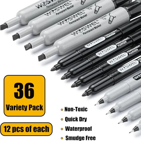 Permanent Markers 36 Variety Pack Bulk,Featuring Ultra-Fine,Chisel Tip,And Fine Tip Marker Set,Writing And Poster Black Markers,Works on Plastic,Wood,Stone,Metal and Glass for Doodling, Marking {2}