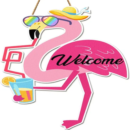 Flamingo Welcome Sign Wood Front Door Decor Summer Hanging Rustic Summer Decor {1}