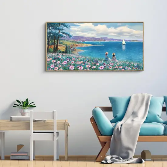 Landscape Wall Art - Blue Ocean Pink Flower Sailboat Mountain Tree Wall Decor Orange Frame Artwork for Wall Large Picture for Living Room Bedroom Home Office Wall Decoration Size 20x40 {2}