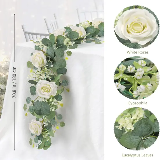 2Pcs(13 Ft) Artificial Eucalyptus Flower Garland with White Rose Flowers,Faux Rose Vine Gypsophila Garland,Floral Garland Greenery Garland for Home Party Wedding Table Decor (White, 2PCS) {3}