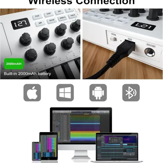 M-WAVE MIDI Keyboard Bluetooth &ndash; 25-Key Pad Controller with Drum Pads, Knobs, Software Included {4}