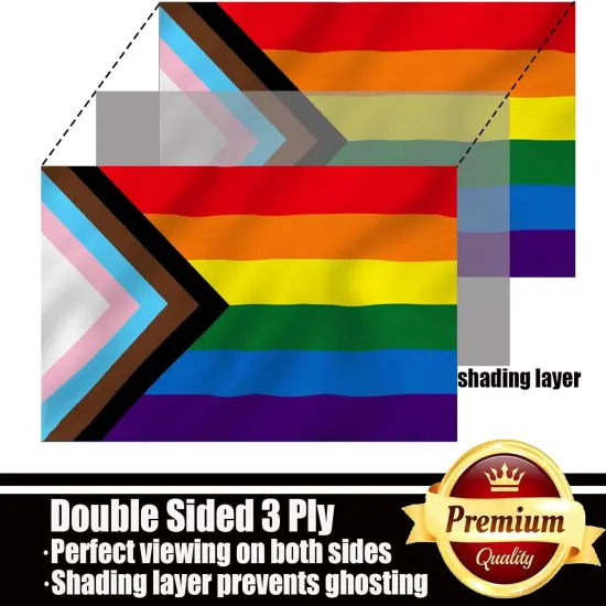 Progress Pride Rainbow Flag 3x5 Outdoor Double Sided 3 Ply-LGBTQ Gay Lesbian Bisexual Non Binary Transgender All Inlcusive Progressive Pride Rainbow Flag Vivid Color Heavy Duty Polyester Flags with 2 {2}