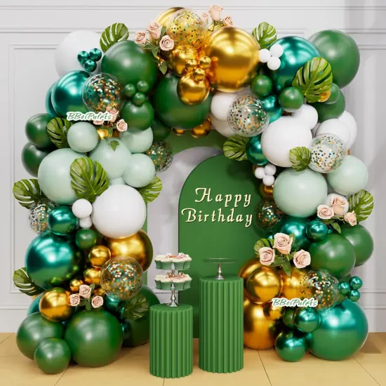 Green and Gold Balloons 83Pcs 12in Dark Green Gold White Confetti Balloons for Graduation Safari Jungle Birthday Emerald Green and Gold Party Decorations {4}