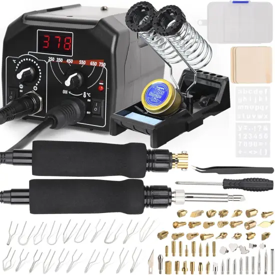 -IN-1 Wood Burning Kit Pyrography Wood Burner Includes 51 Solid Points, 20 Wire Nibs, 2 Letter Number Stencils, 3 Unfinished Wood Pieces, Pen Holder & Burning Tool for Pyrography {1}