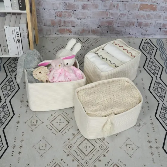 Summer Cotton Rope Storage Basket Bins Woven Basket for Organizing Shelves Rectangle Decorative Baskets For storage Clothes Toys Books Towels Square Wicker Nursery basket organizer 3 pack white {3}