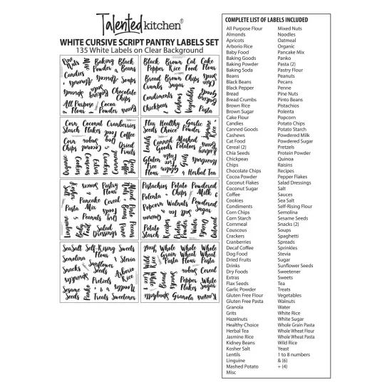 Talented Kitchen 135 Pantry Labels for Food Containers, Clear Preprinted Pantry Labels for Organizing Storage Canisters & Jars, White Cursive Numbers Stickers (Water Resistant) {3}