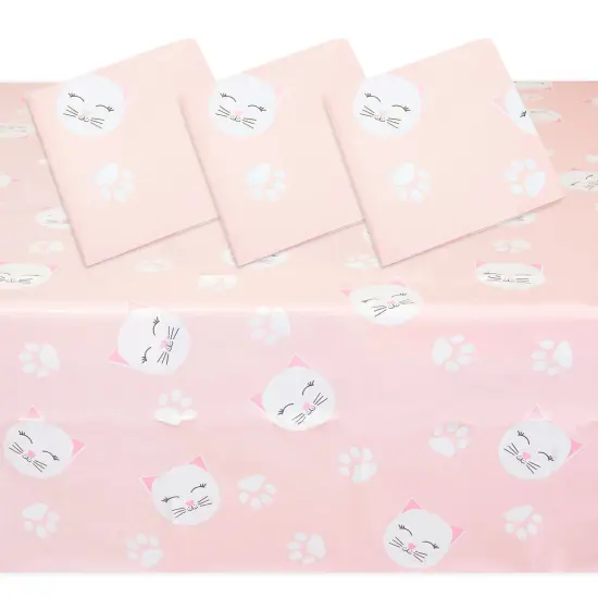 3 Pack Cat Themed Party Tablecloth, Plastic Kitty Birthday Table Cover Decorations (Pink, 54 x 108) {1}