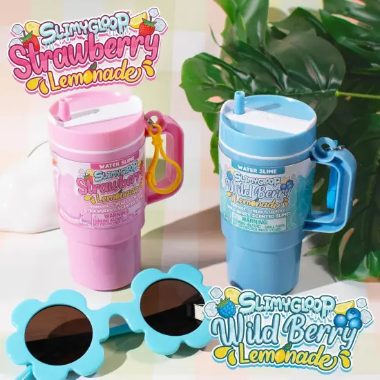 Lemonade Tumbler Bundle, 2-Pack Scented Slimes - Blue Raspberry & Pink Strawberry, Kids Slime Party Favors (8-12), Kit {2}