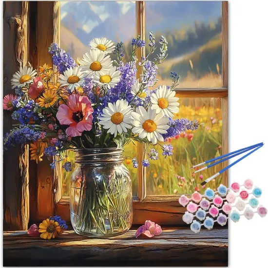 Flowers Paint by Numbers Kit for Adults,Flower Bouquet on a Sunlit Windowsill Paint by Number Canvas Kit,Adults' Paint-by-Number Kits Floral 16x20inch (Without Framed) {1}