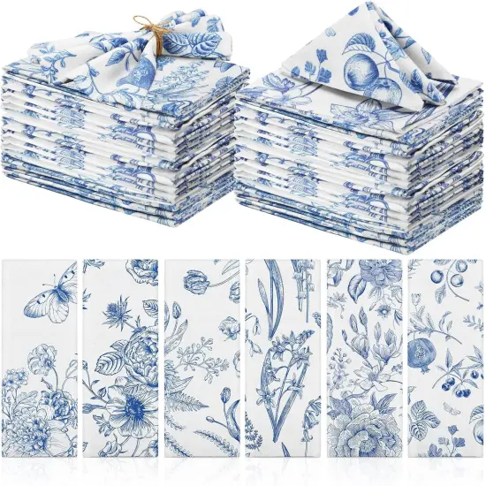 24 Pcs Cloth Napkins Plants Butterfly Soft Reusable Napkin Country French Cotton Dinner Towel Decorative Washable Towels for Spring Summer Fall Party(Blue White Flower,24 Pcs) {1}