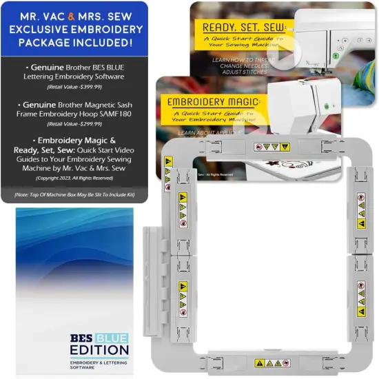 Brother NQ3550W Sewing & Embroidery Machine, 6" x 10" Field Size, 291 Sewing Stitches, Includes BES Lettering Software + Brother Magnetic SAMF180 Hoop + Mr. Vac & Mrs. Sew - Embroidery + Sewing Videos {2}